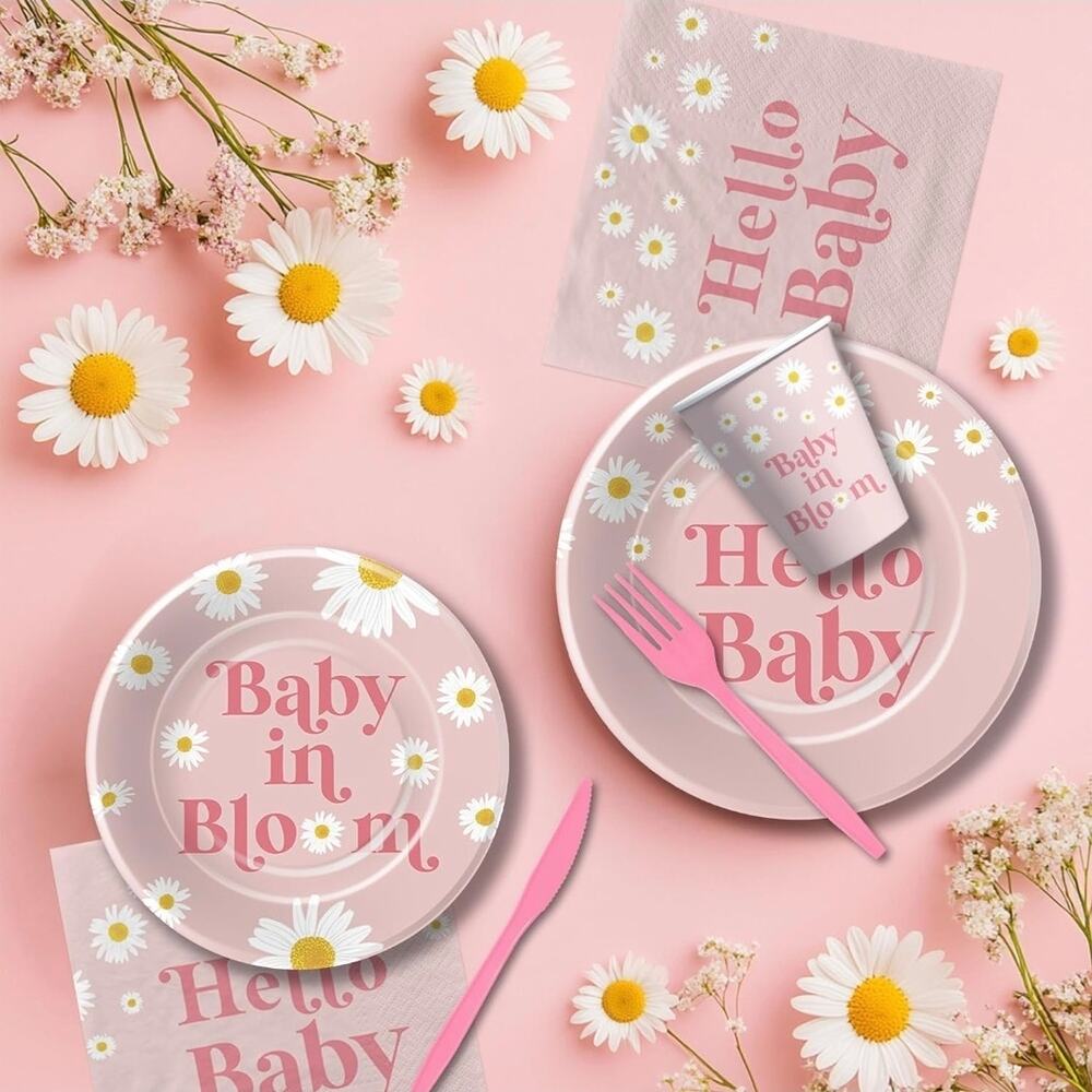 Baby Shower Decorations Tableware Daisy Party Supplies Baby Girl Serves 24 S22 - Picture 3 of 5
